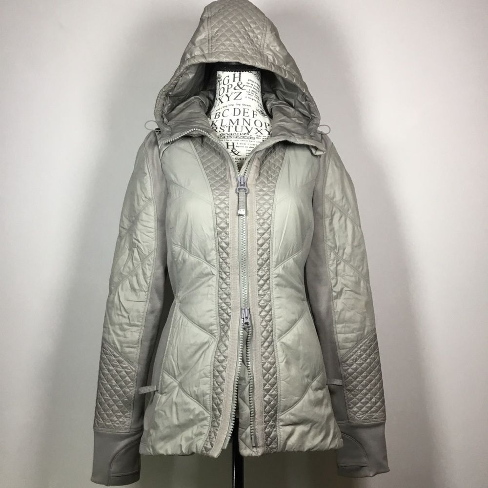 Athleta hooded jacket double zipper shiny grey reflective strip sz XS